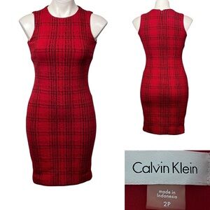 Calvin Klein dress sz 2p Red Plaid sleeveless stretch office business